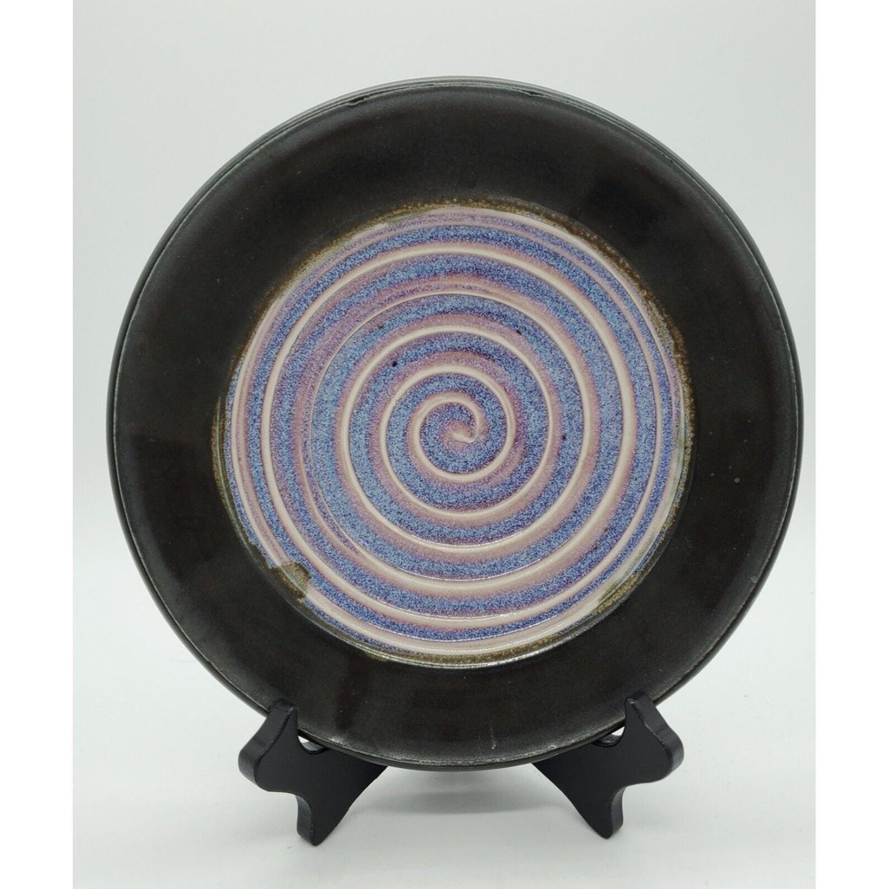 Handmade‎ Studio Art Pottery Purple Black Swirl Plate 8.25" Signed Ceramic